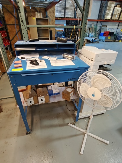 Metal work bench and floor fan