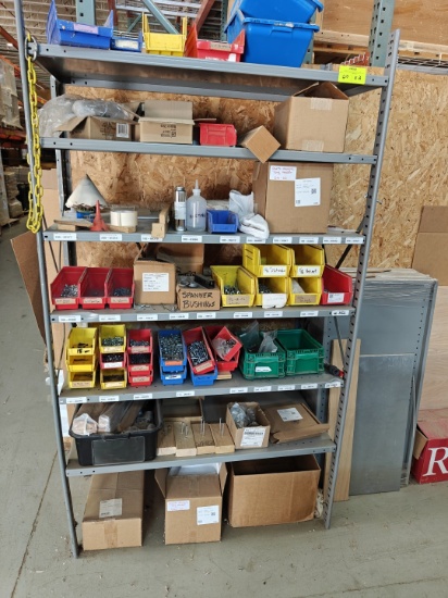Metal shelf with contents, extra metal shelves