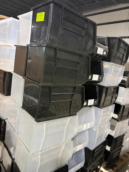 Pallet of stackable plastic bins - 18x11x10" - Approximately 63