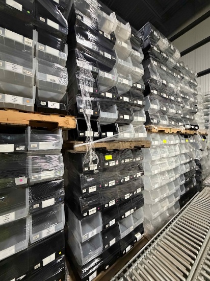 Pallet of stackable plastic bins - 18x11x10" - Approximately 126