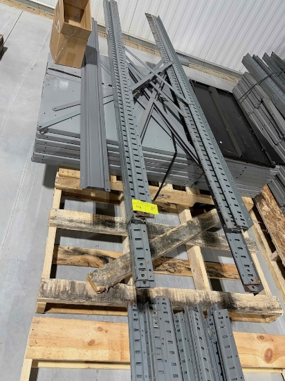 Pallet of industrial shelving legs / uprights and shelves, approx 19 shelves and 4 uprights