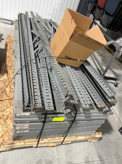 Pallet of industrial shelving legs / uprights and shelves, approx 70 shelves and 24 uprights