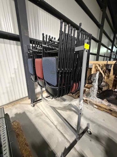 Rolling rack with approximately 24 folding chairs