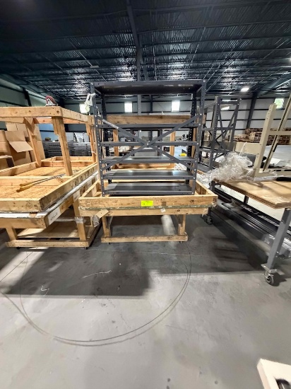 2 rolling wood work tables and small metal shelf