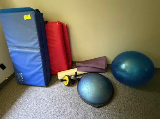 Lot of exercise mats, ab wheels, foam roller, exercise ball & balance ball