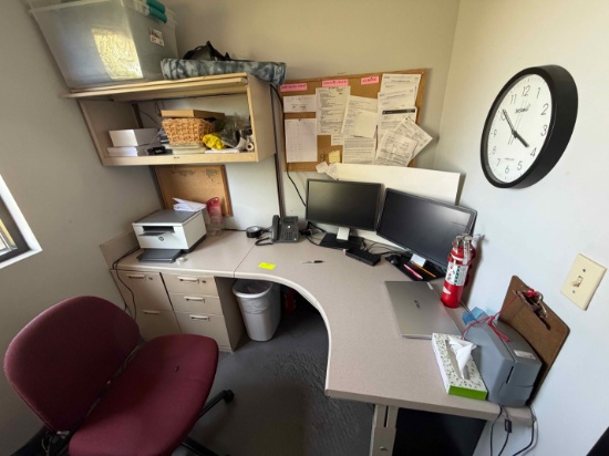 Lot incl. Office Furniture & Hardware including desk with drawers & shelf, chair, file cabinet, D...