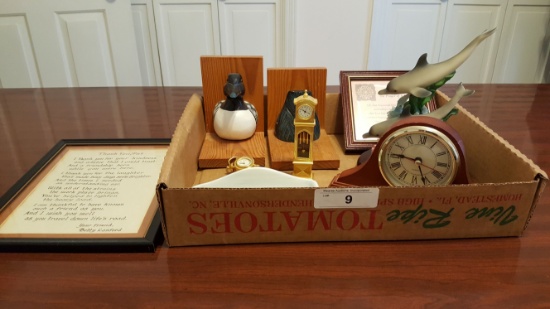 Box Lot of Desk Clocks and Bookends