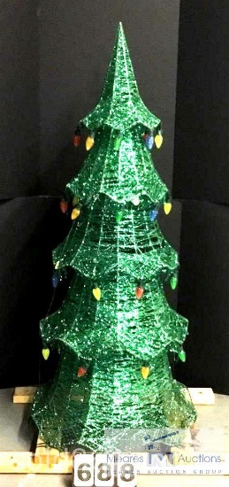Green Christmas Tree with Lights and Wood Stand