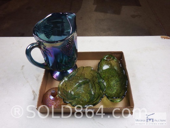 Group of carnival glass and decorative serving pieces