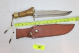 Large Hunting Knife w/Stag Handle and Leather Sheath.