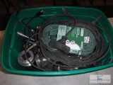Large tote box with extension cords and lighting