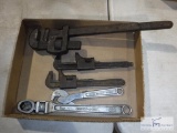 Lot of various pipe wrenches and other wrenches