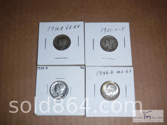 Group of (4) silver Mercury and Roosevelt dimes