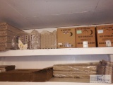 2 SHELVES OF EGG CARTONS, BOXES, AND EGG SCALE