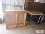 WOODEN SHELF, METAL TABLE W/ WOOD TOP, FLATFORM TRUCK CART