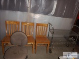3 WOODEN CHAIRS, 1 DESK CHAIR, METAL ROLLING CART