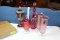 Cranberry Decanter, Vases and Candy Dishes.