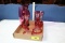 3 Cranberry Vases and 2 Candle Sticks.