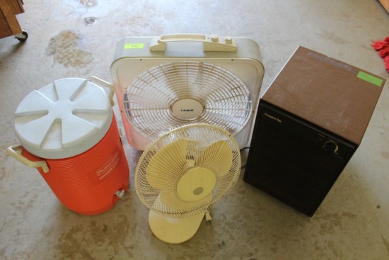 Box Fan, Oscillating Fan and Rubbermaid Water Cooler.