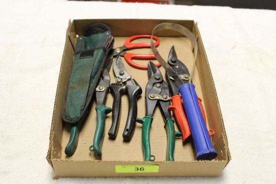 Box of Tin Snips, Pruners and Scissors.