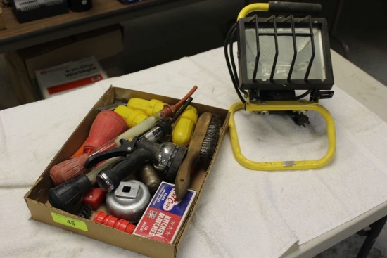 Box of Battery Cleaners, Hydrometers, Work Light.
