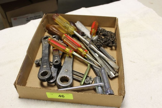 Box of Ratchet Wrenches, Screw Drivers, Chain Saw Files.