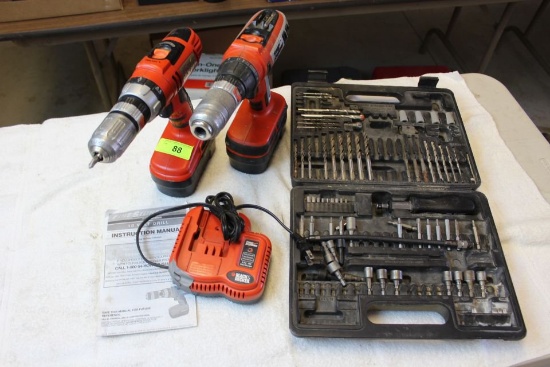 B&D "Firestorm" 18V Cordless Drills, Charger and Accessories.