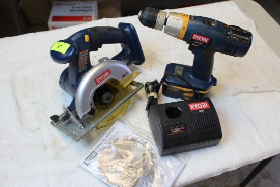 Ryobi 18V Cordless Skill Saw, Drill, Battery & Charger.