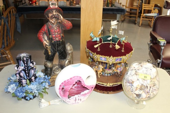 Carousel, Fireman, Seashells, Candle, Lamp.