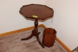 Mahogany Pie Crust Table and Wooden Trash Can.