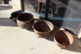3 Cast Iron Wash Pots and 2 Ash Buckets.