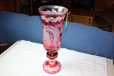 Tall Cranberry Vase with Golfer Etching.