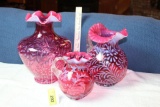 3 Cranberry Fenton Style Pitchers and Vase.