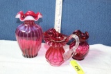 3 Signed Fenton Cranberry Pitcher and Vases.