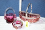 3 Cranberry Handled Baskets. (1 Fenton)