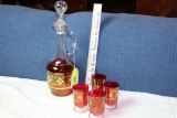 Cranberry Decanter and 4 Glasses w/Gold Accent.