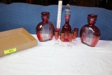 Cranberry Decanter Set and 2 Cranberry Matching Decanters.