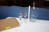 Glass/Etched Decanter and 4 Matching Goblets.