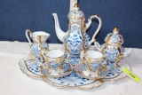 Footed Tea Set with Pitcher, Creamer, Sugar and 2 Cups/Saucers.