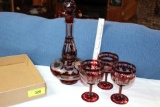 Ruby Decanter with 3 Goblets.