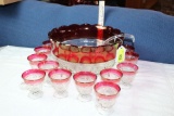 Cranberry Punch Bowl w/12 Cups and Glass Ladle.