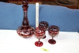 Ruby Decanter w/3 Goblets.