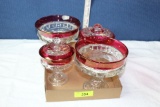 2 Kings Crown Cranberry Fruit Bowls and 2 Candy Dishes w/Lids.