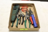 Box of Tin Snips, Pruners and Scissors.