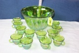 Green Carnival Punch Bowl w/12 Cups in Grape Pattern.