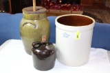 Brown Jug, 5 Gallon Crock and 4 Gallon Churn w/Dasher & Lid.