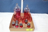 Cranberry Candy Dishes, 10 Shot Glasses and 3 Sets of Salt & Pepper.