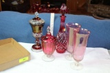 Cranberry Decanter, Vases and Candy Dishes.