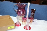 Cranberry Pitcher, 3 Vases and 2 Glasses.