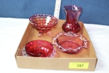 Cranberry Vase and 3 Dishes/Bowls.